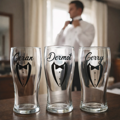 Three personalized glass pints with names and tuxedo designs on a table, with a blurred person in the background.