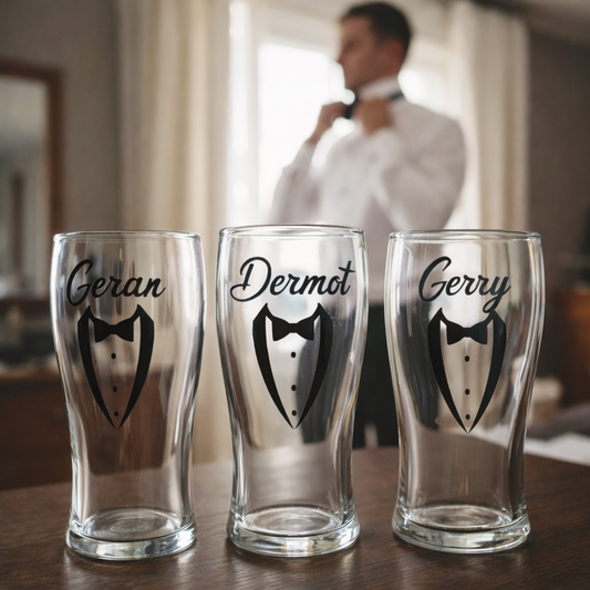 Three personalized glass pints with names and tuxedo designs on a table, with a blurred person in the background.