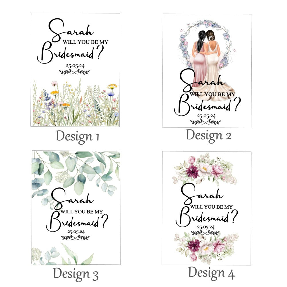 A collection of wine bottle labels from Hana Lee Studios. There are 4 labels displayed in a grid with various floral designs aimed at bridesmaids.