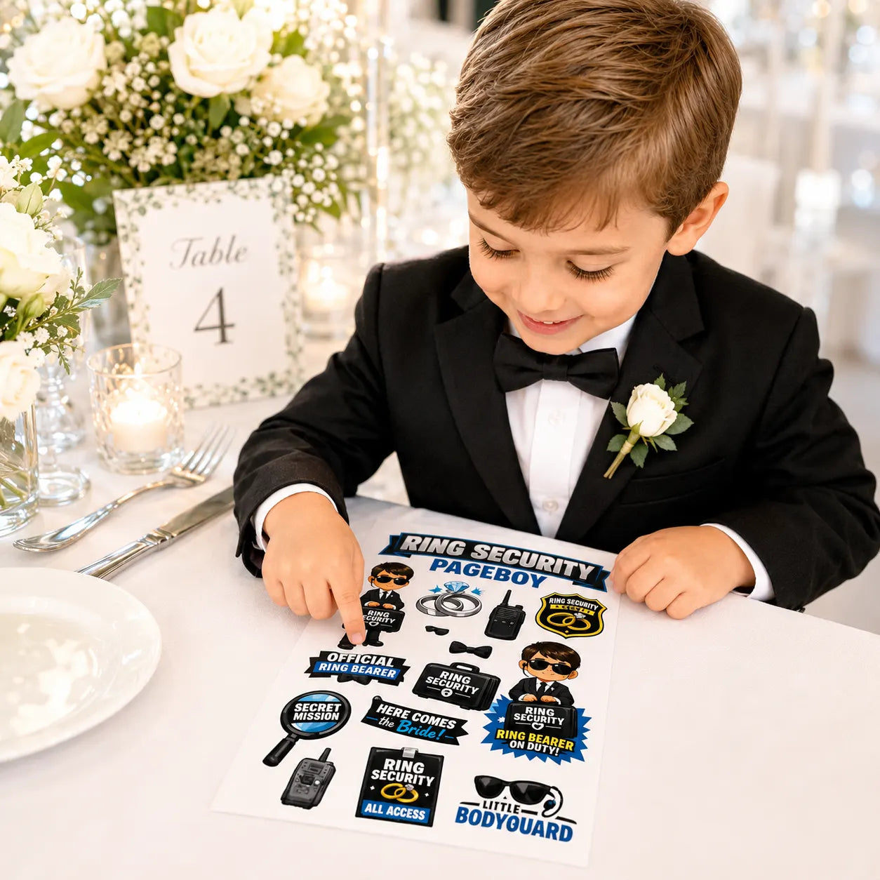 Young page boy sitting at a wedding table using a Ring Security page boy sticker sheet activity pack.
