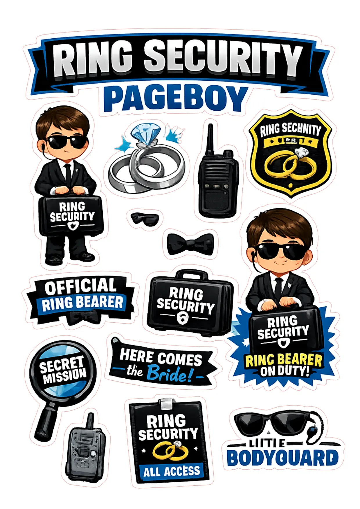 A4 Ring Security page boy sticker sheet featuring wedding themed stickers including ring bearer badges, sunglasses and security designs.