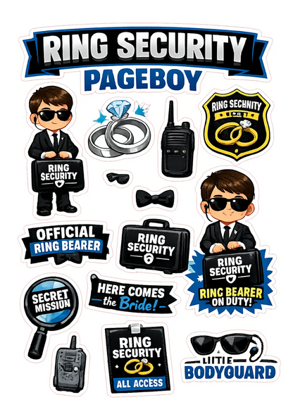 A4 Ring Security page boy sticker sheet featuring wedding themed stickers including ring bearer badges, sunglasses and security designs.