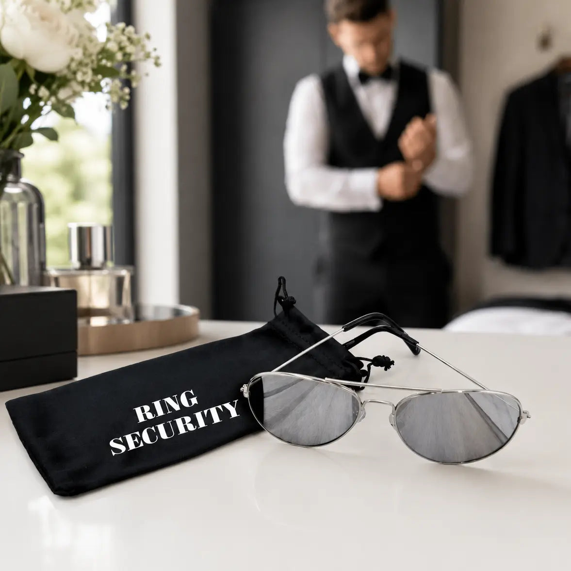 Ring security sunglasses and protective pouch for page boys and ring bearers on a wedding day