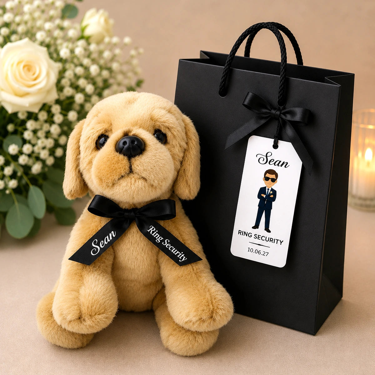 Soft teddy bear with personalised Ring Security ribbon beside matching gift bag, card and tag for page boy wedding gift