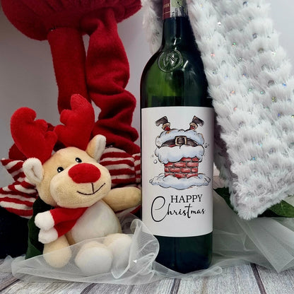 Personalised Christmas wine bottle label with Santa Legs design handmade in Ireland.