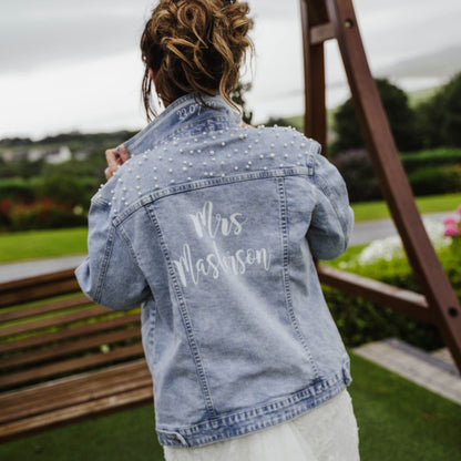 Personalised Bridal Denim Jacket with Pearls | Printed in Ireland