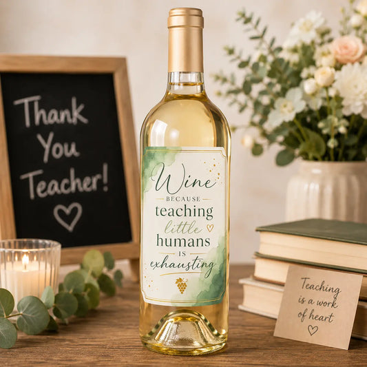 Teacher wine bottle label applied to a white wine bottle, thank you teacher gift for end of school year celebrations.