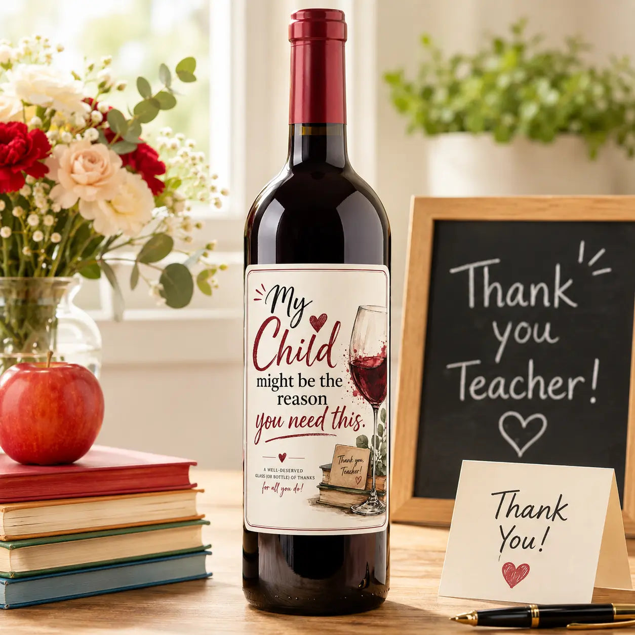 Teacher wine bottle label featuring thank you message, ideal teacher appreciation gift and end of school year present in Ireland