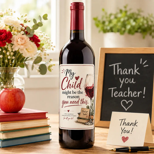 Teacher wine bottle label featuring thank you message, ideal teacher appreciation gift and end of school year present in Ireland