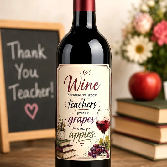 Teacher wine bottle label gift pack featuring funny thank you teacher design for end of school year gifts