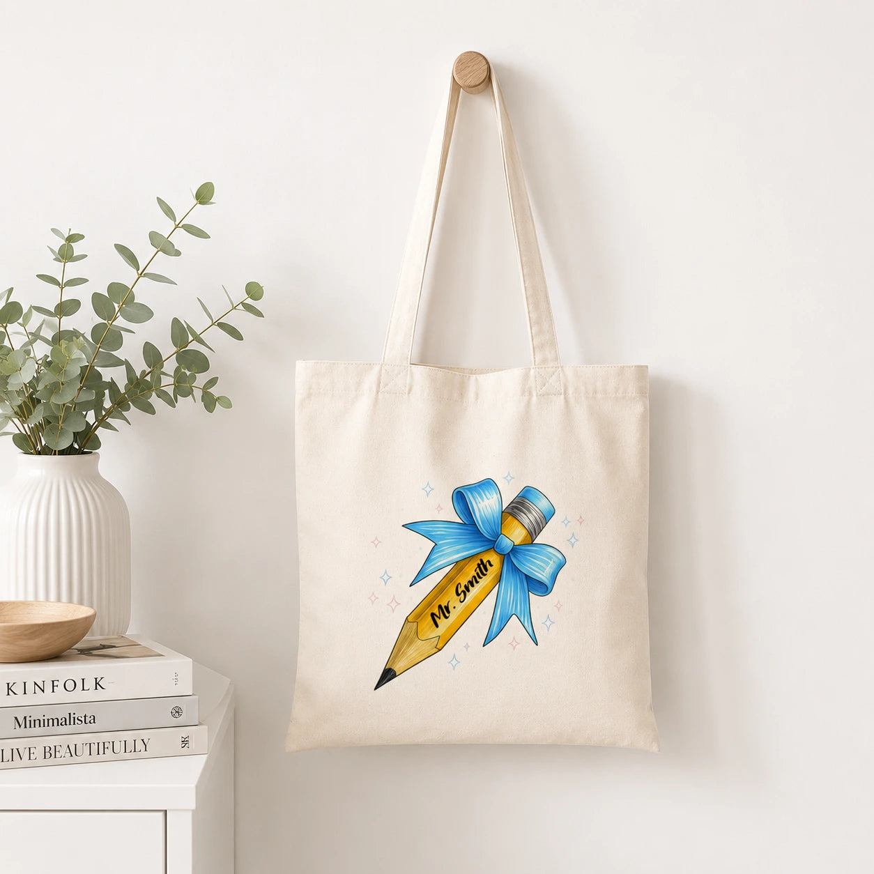 Teachers tote bag with blue pencil design and personalised with name
