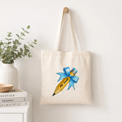 Teachers tote bag with blue pencil design and personalised with name