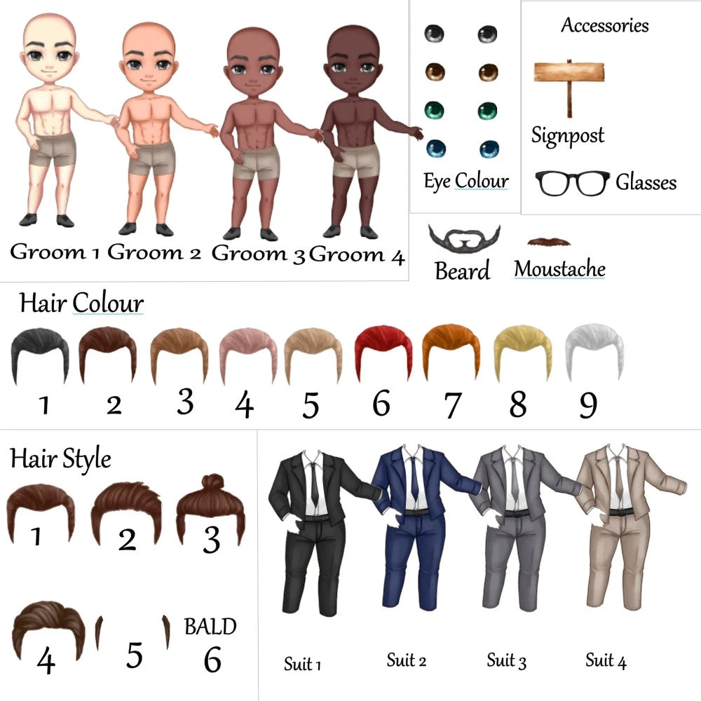 Wedding groom characters with choice of suit, hair colour and all other options