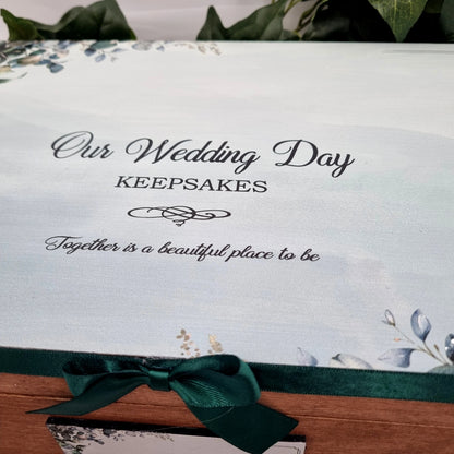 Personalised wedding keepsake box for couples to store memories photos and wedding day cards
