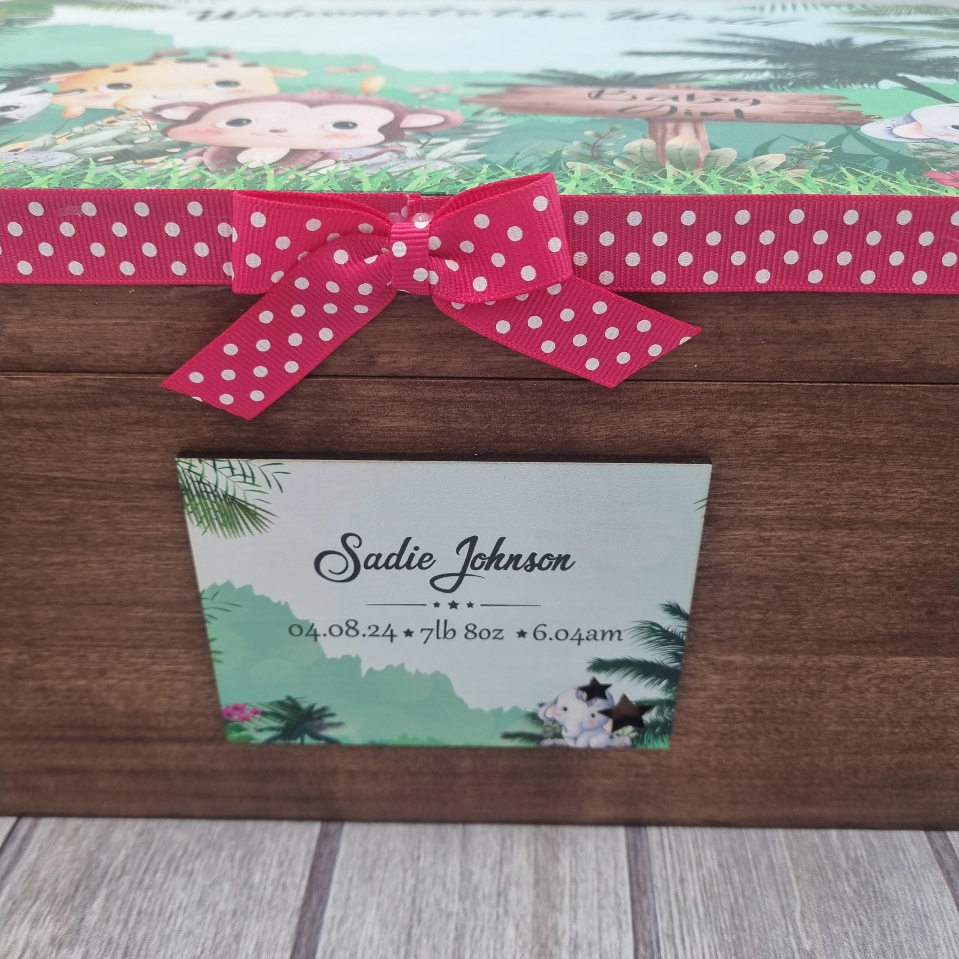 Large personalised baby memory box with safari animal design, welcome to the world message and custom birth details on front panel.