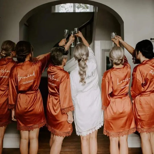 Wedding morning photo with bridal party in matching personalised robes
