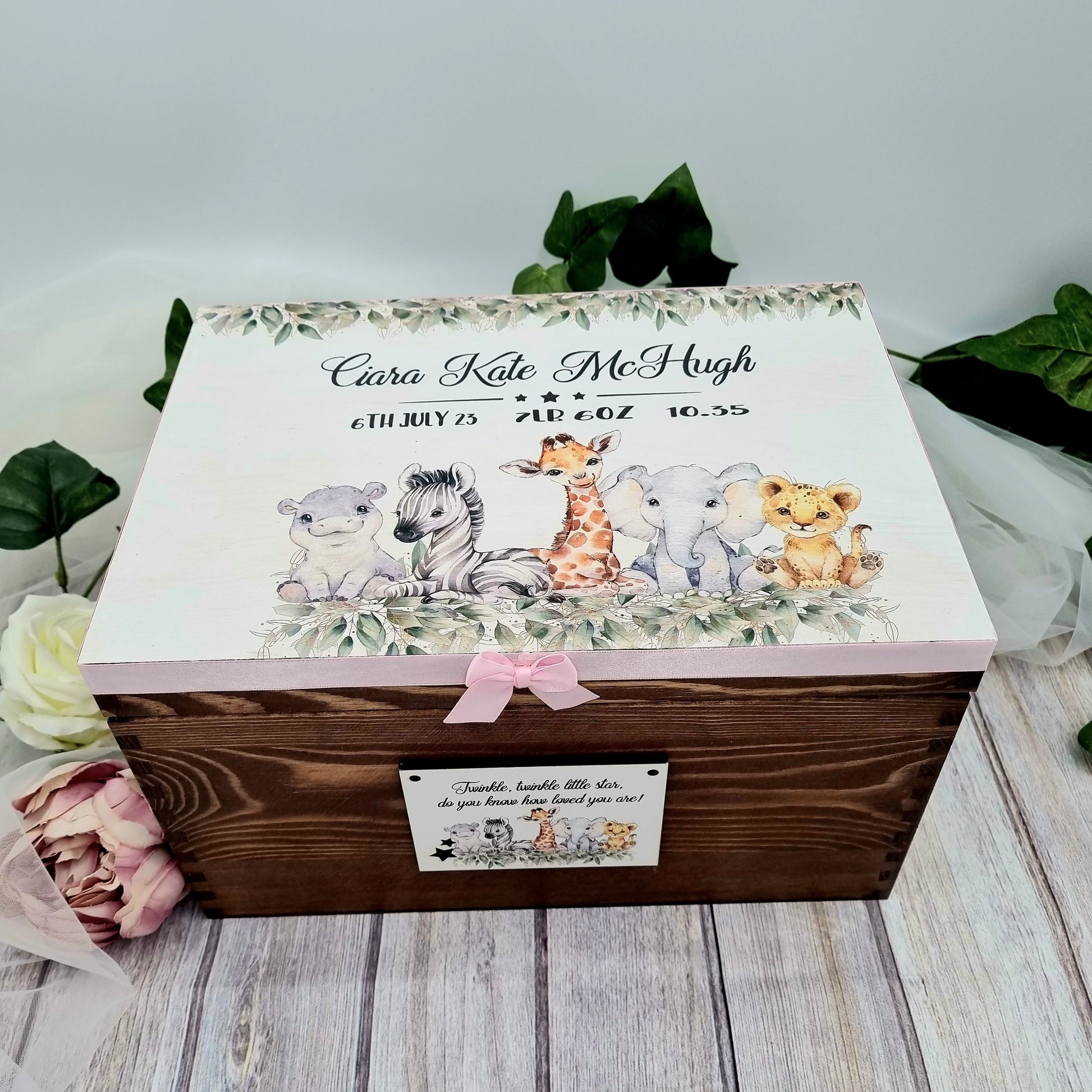 Wooden baby keepsake box, personalised with name and birth details, safari design on lid, ideal newborn or christening gift, 35x25x15cm size