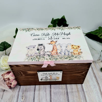 Wooden baby keepsake box, personalised with name and birth details, safari design on lid, ideal newborn or christening gift, 35x25x15cm size