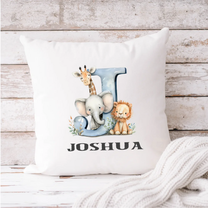 Personalised baby boy initial cushion with blue safari animals – elephant, giraffe and lion – handmade in Ireland by HanaLee Studios