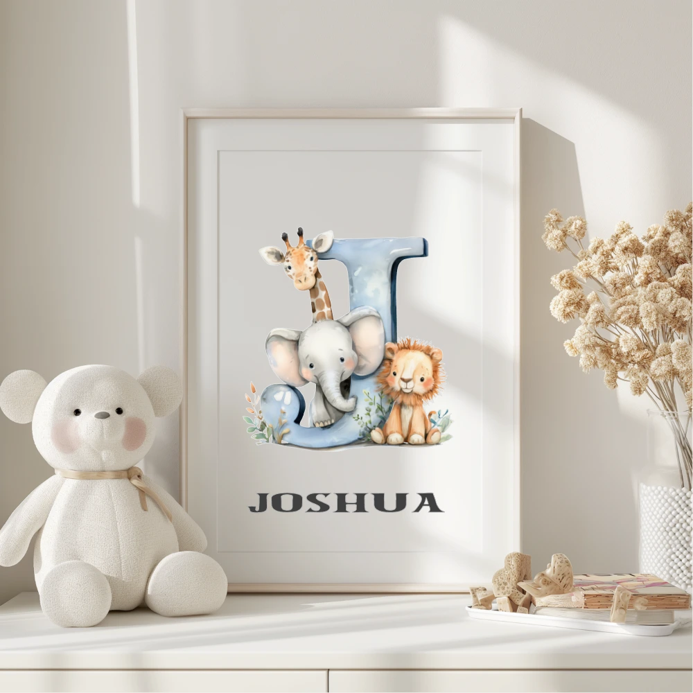 Personalised safari baby nursery print with giraffe, elephant and lion around initial J and name Joshua 