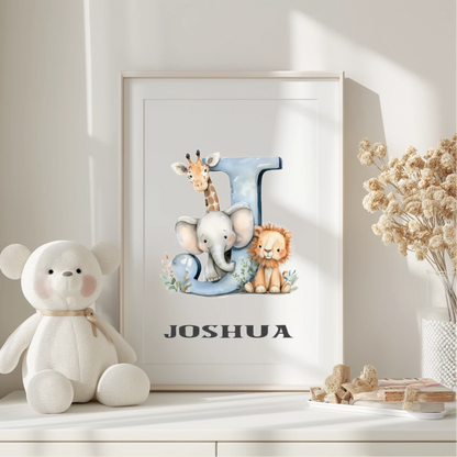 Personalised safari baby nursery print with giraffe, elephant and lion around initial J and name Joshua 
