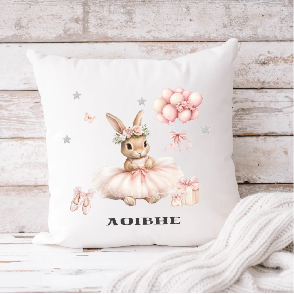 Personalised Ballet Bunny cushion with name, Irish-made nursery gift by HanaLee Studios