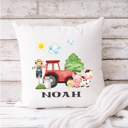 Personalised farm-themed cushion with tractor and animals, Irish-made kids gift