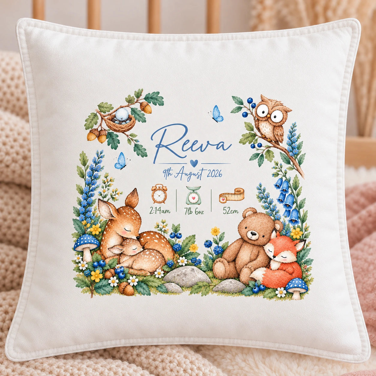 Personalised white velvet baby birth cushion with blue woodland animals, name, date of birth, time, weight and length, 45 × 45 cm.