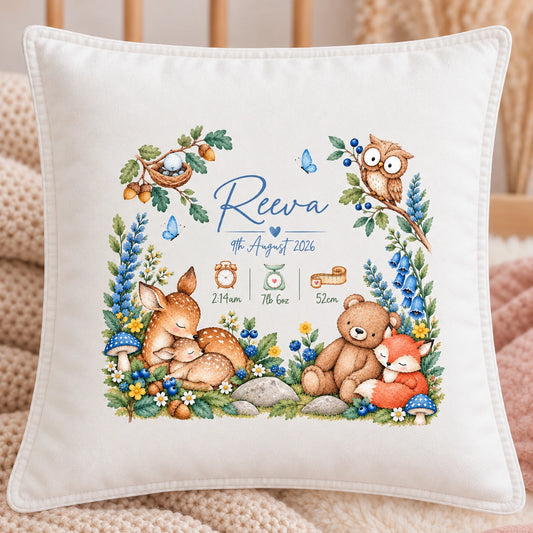 Personalised white velvet baby birth cushion with blue woodland animals, name, date of birth, time, weight and length, 45 × 45 cm.