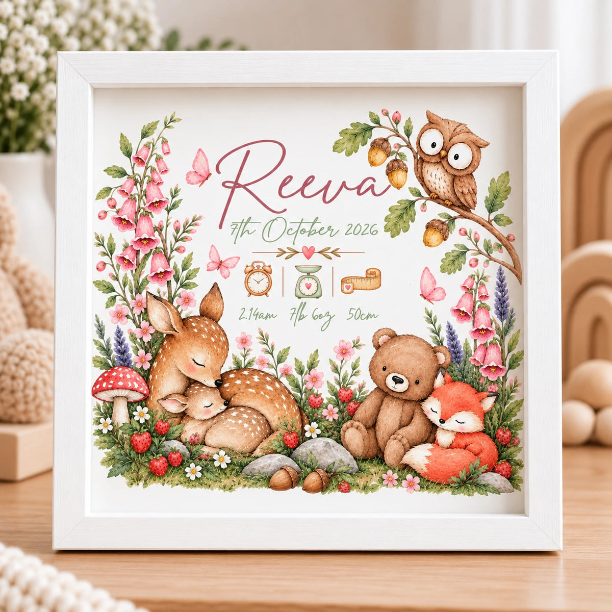 White wooden personalised baby birth frame with pink woodland animals, name, date of birth, time, weight and length, 10 × 10 inches.