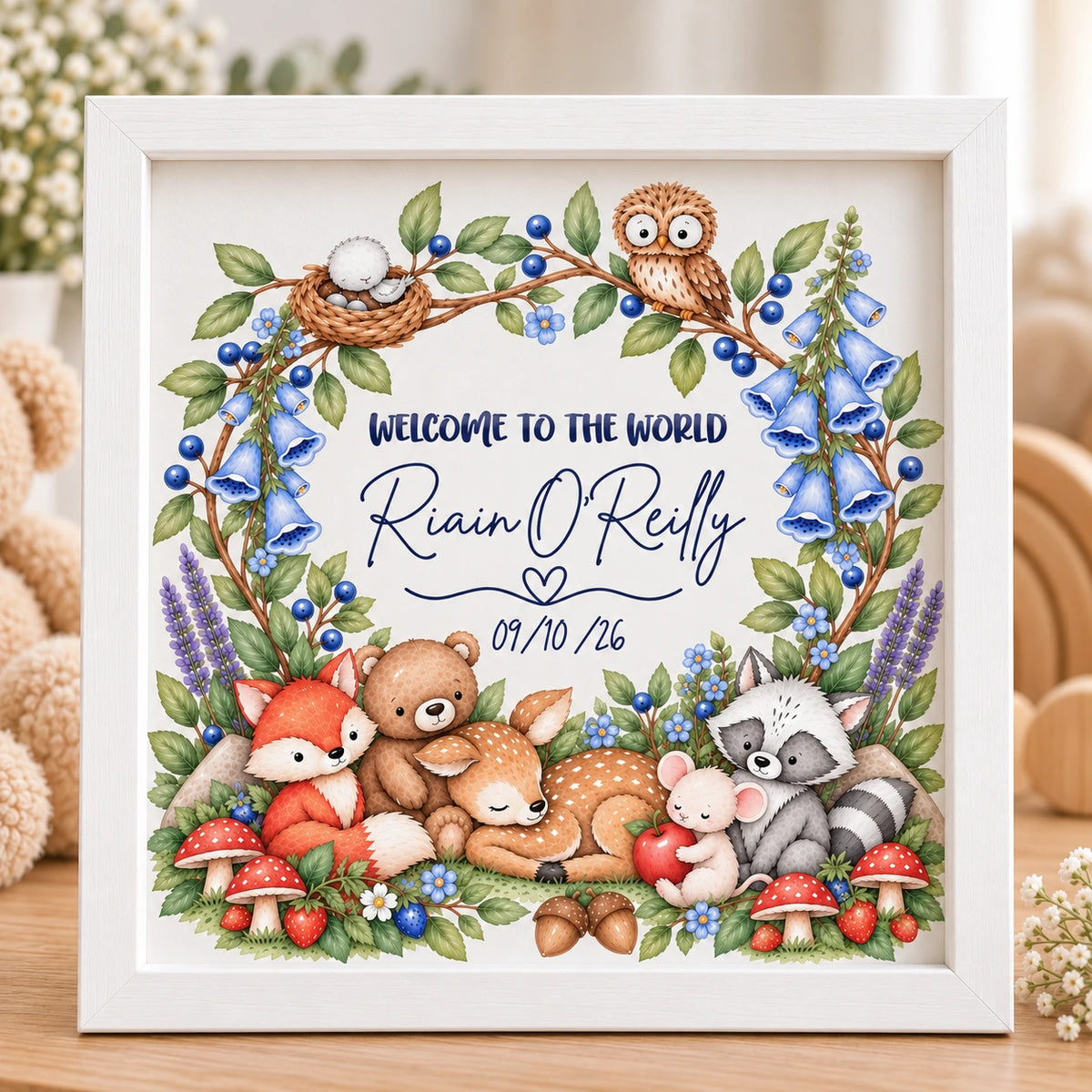 White wooden 10 inch personalised baby name frame with blue woodland animals, Welcome to the World wording, name and birth date.