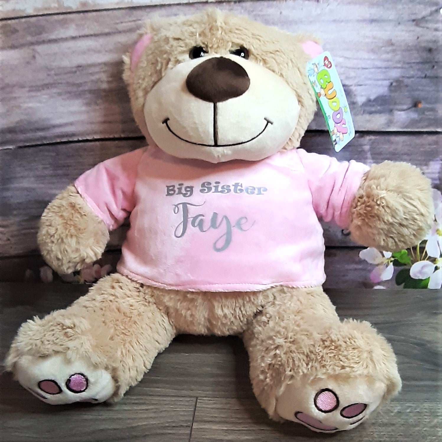 large personalised t shirt teddy bear with blue or pink t shirt. Persoanlised with child's name or can be done with a message such as flowergirl or pageboy proposals. 