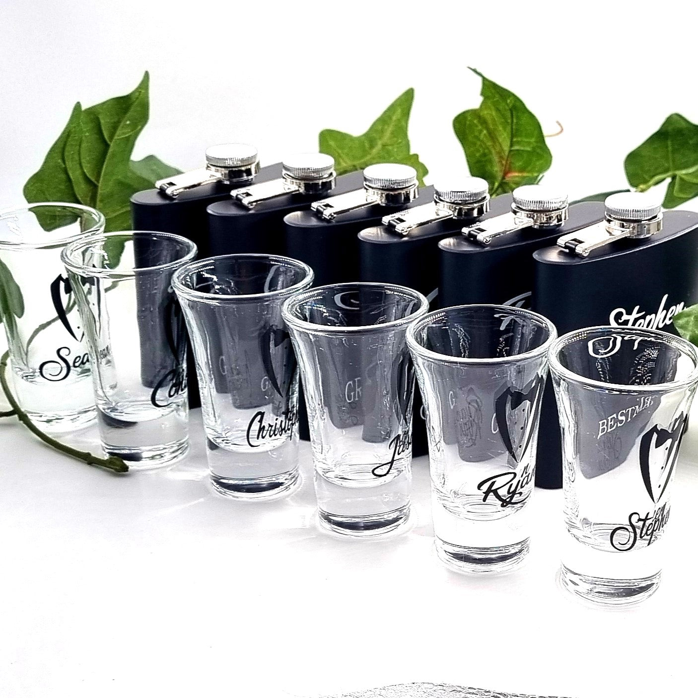 Wedding shot glasses with black tuxedo design and personalised with name for your groom groomsman bestman