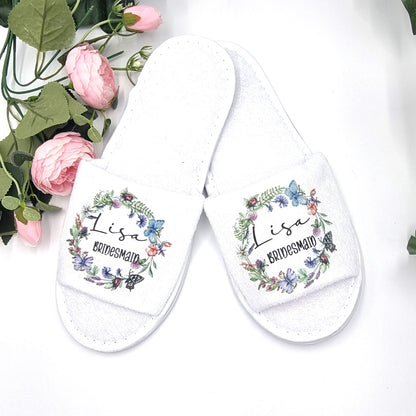 HanaLee Slippers with butterfly wreath design and personalised with name and title