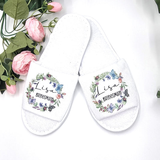 White open toe slippers with beautiful butterfly wreath design and personalised with name and title