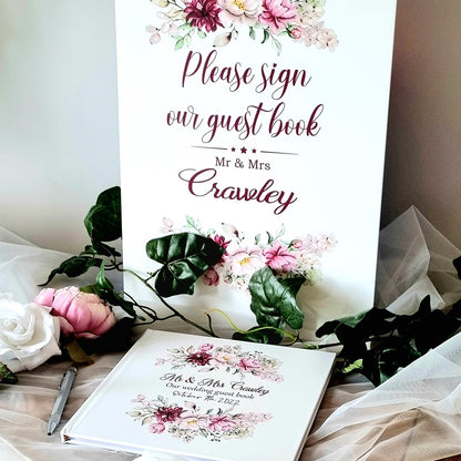 HanaLee's A3 acrylic personalised wedding sign with text please sign our guest book in maroon, pink and white colour theme