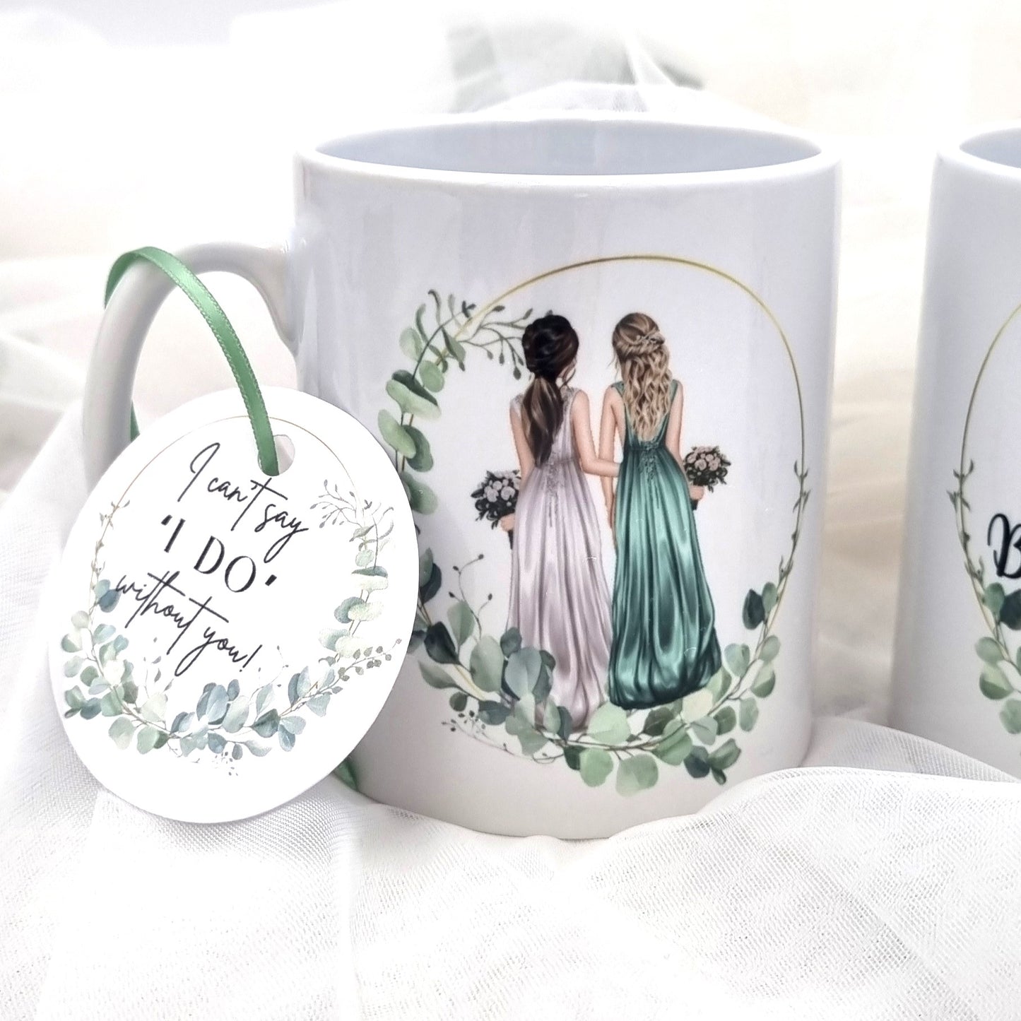 HanaLee's personalised bridesmaid or maif of honour mug with image of bride and bridesmaid. These are personalised with the name and hair colour. 