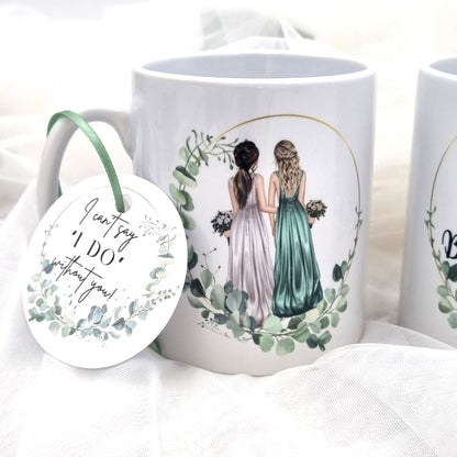 HanaLee's personalised bridesmaid or maif of honour mug with image of bride and bridesmaid. These are personalised with the name and hair colour. 