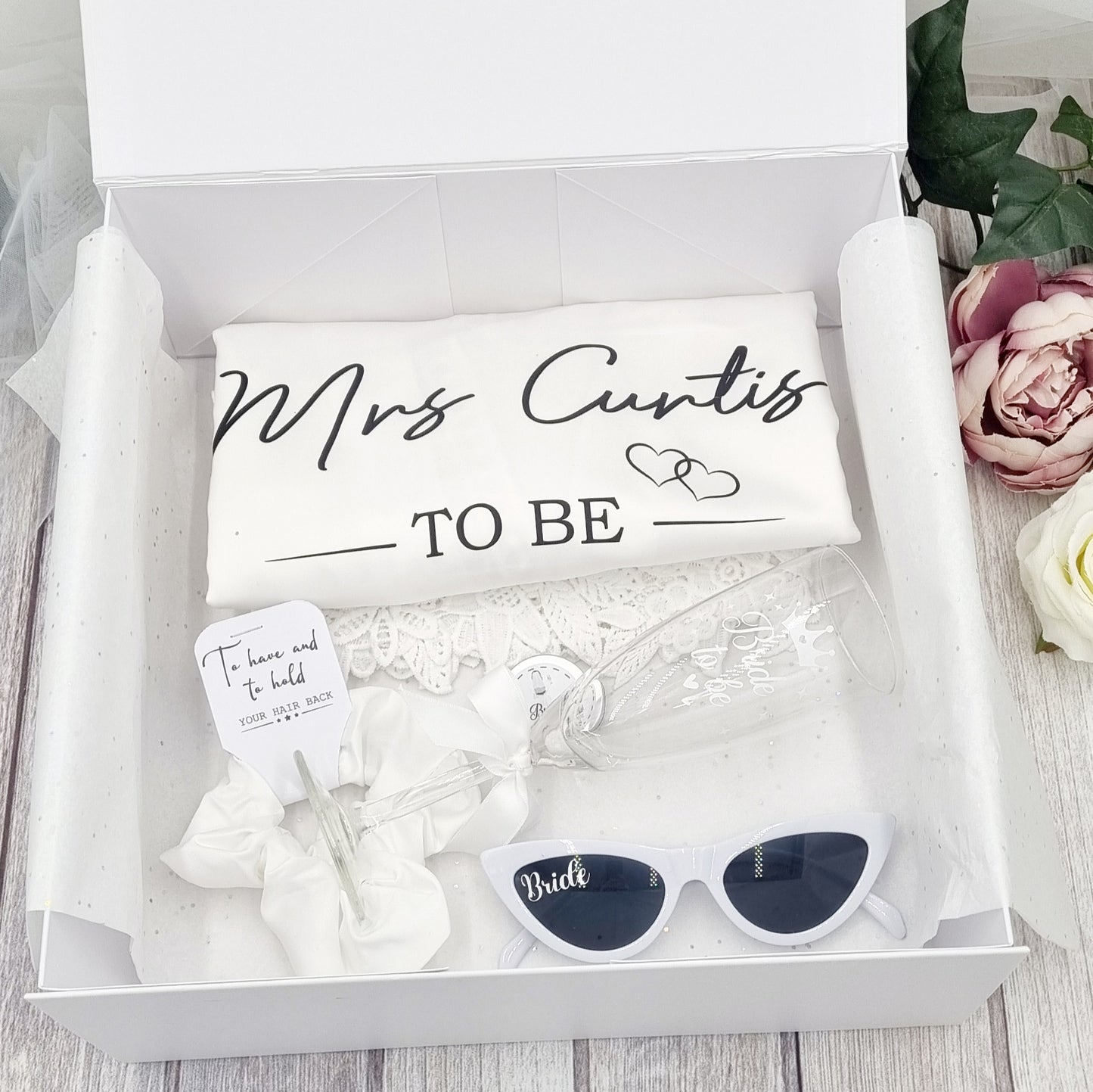 Bride to be gift set with personalised gift box, white robe, white sunglsses, lip balm and scrunchie 