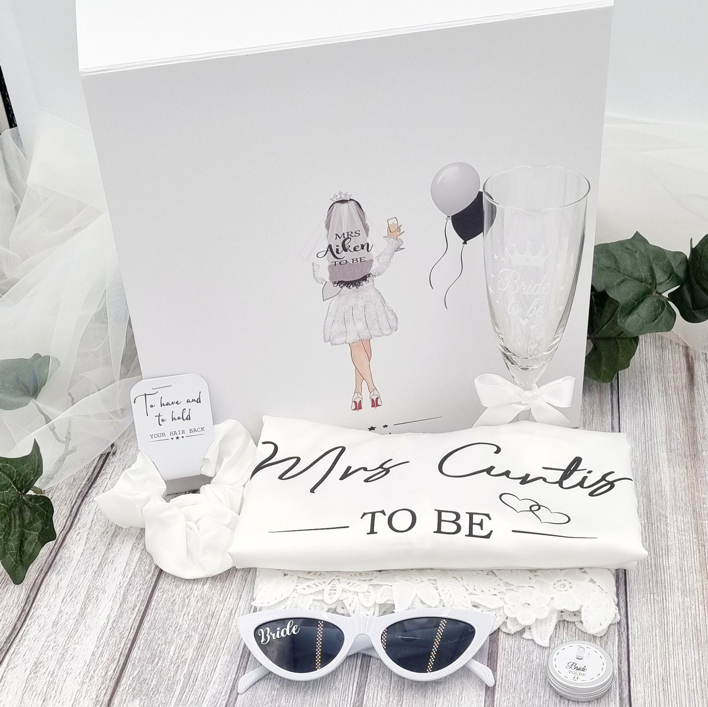 Bride to be gift set with personalised gift box, white robe, white sunglsses, lip balm and scrunchie 