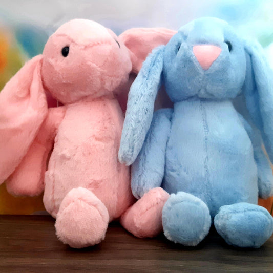 Super soft floppy ear bunny teddies. Available in pink, blue and cream with long floppy ears. Measures 27cm from top to toe. 