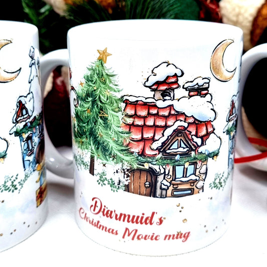 A personalised Christmas mug with name and the words Christmas movie mug with a Christmas illustration. 