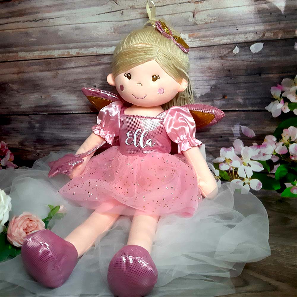 HanaLee's personalised fairy rag dolls are larger than you think. Measuring 60cm with a beaitufl pink, silver or gold dress with childs name. All dolls have blonde hair. 