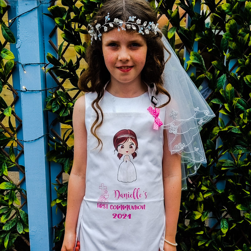 First Communion personalised apron for child featuring custom name and date, Irish made keepsake Communion gift