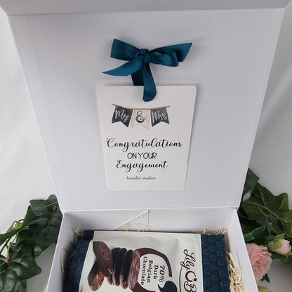 Personalised engagement gift set with box, chocolates, wedding planner and matching mugs