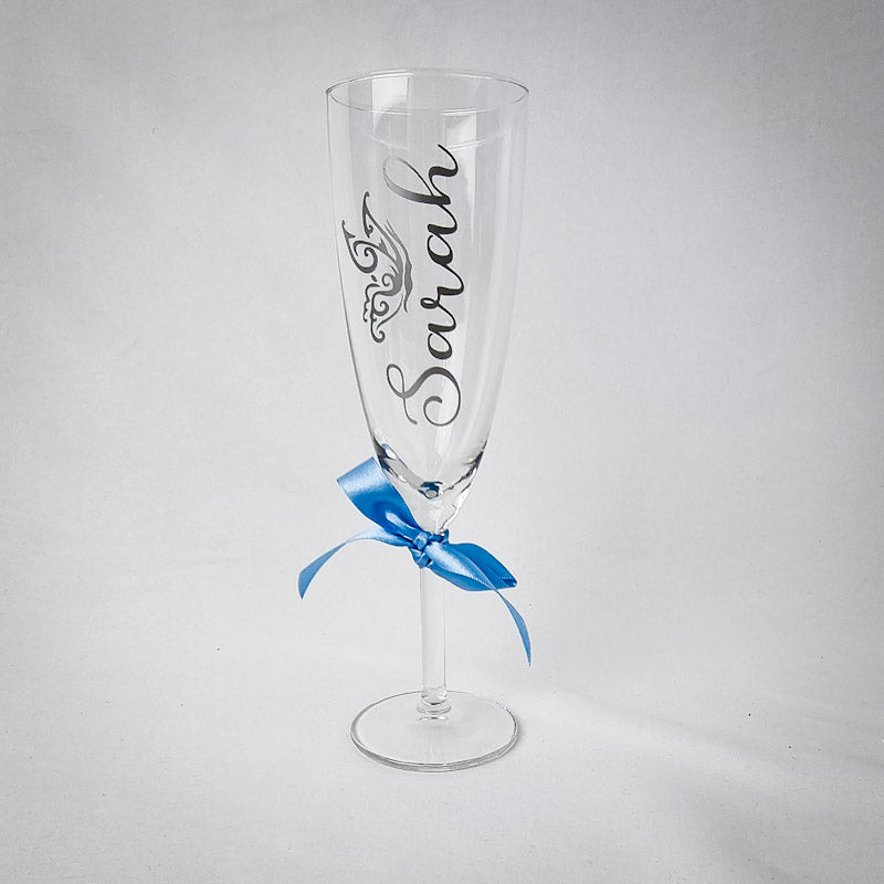 Hanalee's personalised champagne flutes with your choice of colour personalised with name and title 