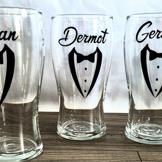 HanaLee's pint glasses with black tuxedo image and personalised with name
