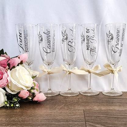 Hanalee's personalised champagne flutes with your choice of colour personalised with name and title 