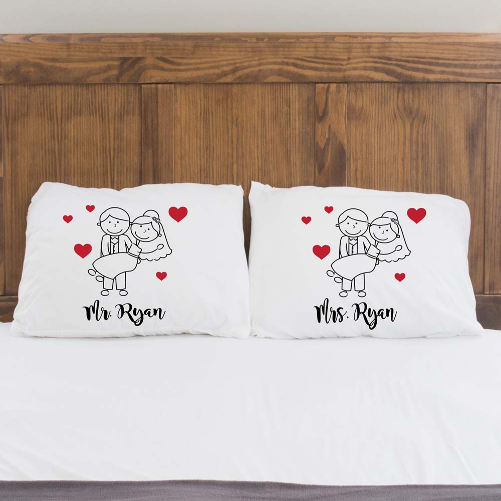 Wedding Couple pillowcases with cartoon bride and groom, red hearts and personalised with names