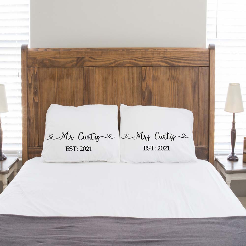 Wedding Couple pillowcases with hearts personalised with names